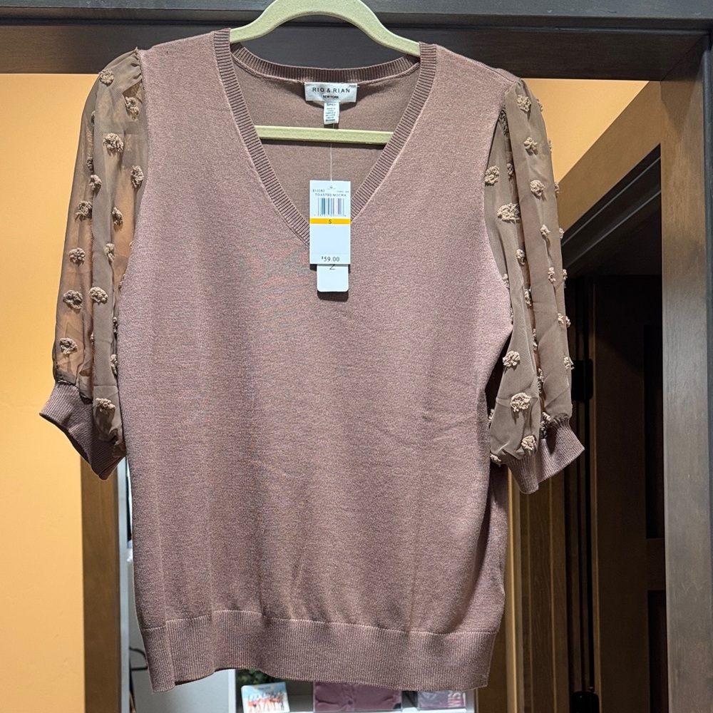Brown V-Neck Sweater with Sheer Sleeves